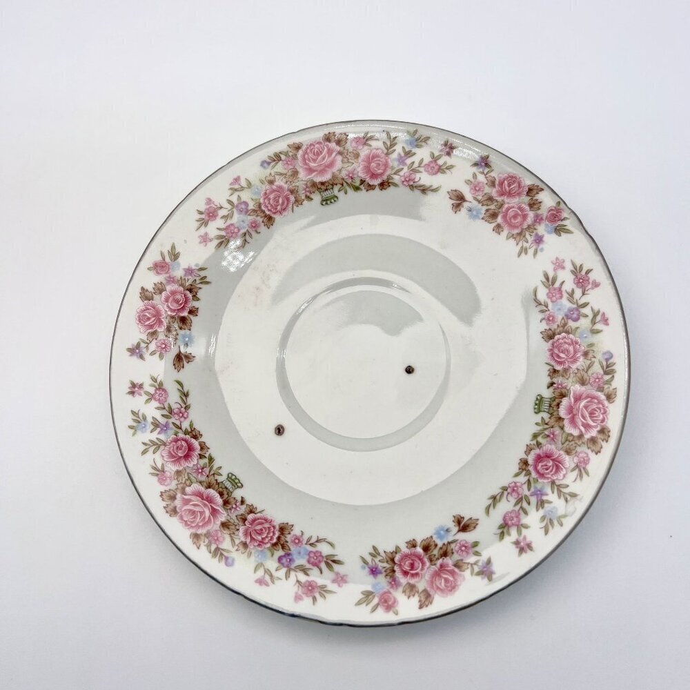 Vintage Floral China Saucer Pink Rose Pattern Gold Rim Plate